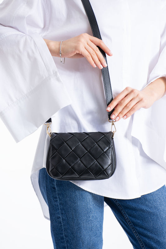Braided Pu Leather Crossbody Bag - Black
