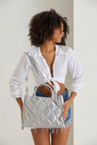 Quilted Tote Bag with Detachable Crossbody Strap - Silver