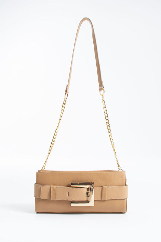 PU Leather Shoulder & Clutch Bag with Large Gold Buckle - Nude