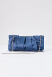 Pleated Satin Clutch Bag with Detachable Strap - Blue