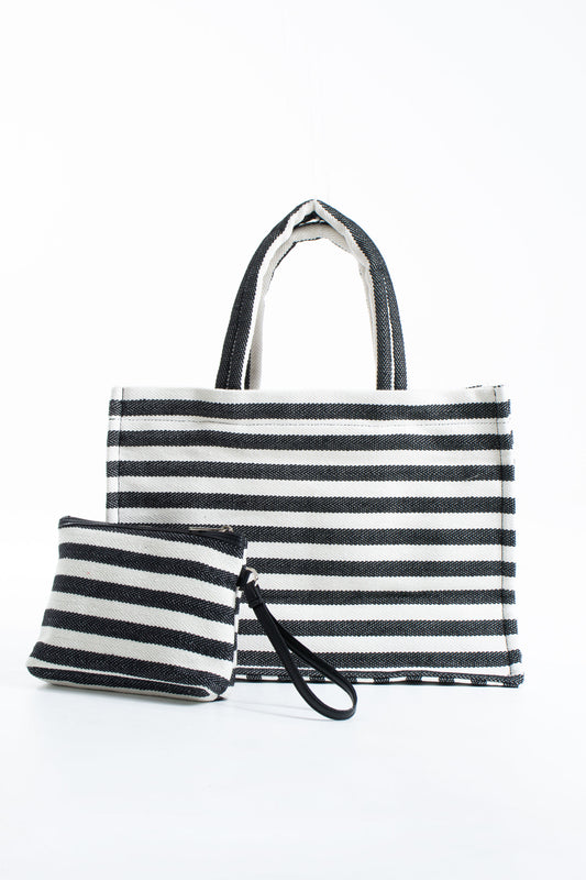 Striped Canvas Summer Tote Bag with Matching Zipper Pouch 2 Pcs Set