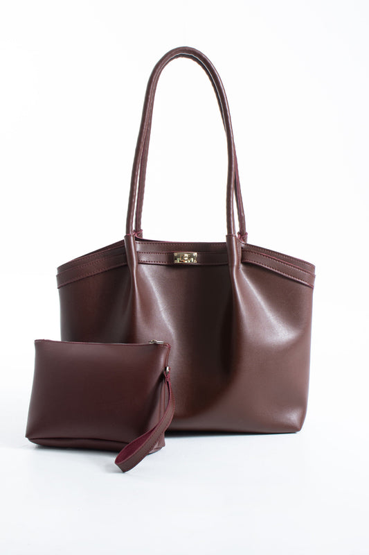 Large PU Leather Shopper Tote Bag with Matching Pouch - Burgundy