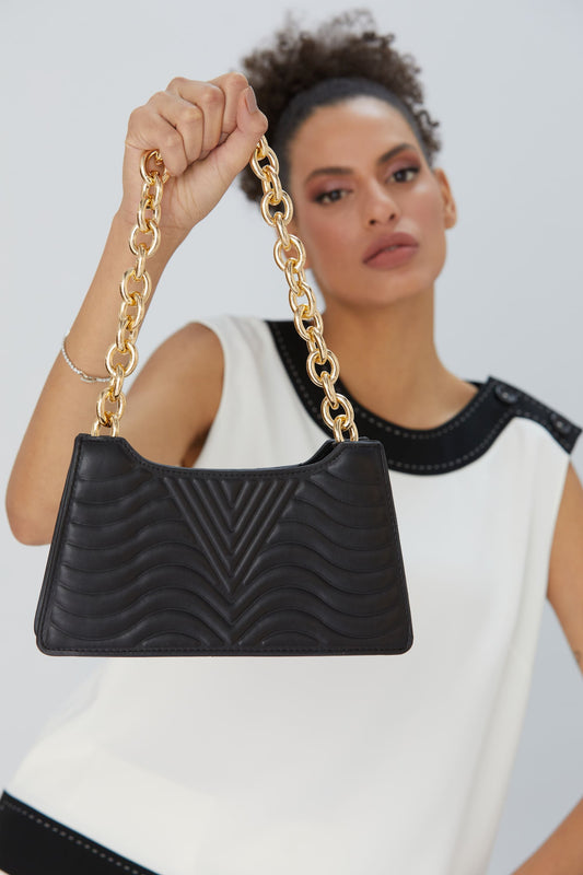 Embossed Pu Leather Chunky Chain Shoulder Bag - Black