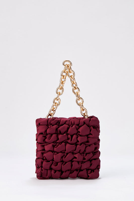 Quilted Satin Chunky Chain Handbag - Burgundy