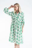 Linen Leaf Print Midi Shirt Dress - Green