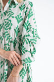 Linen Leaf Print Midi Shirt Dress - Green