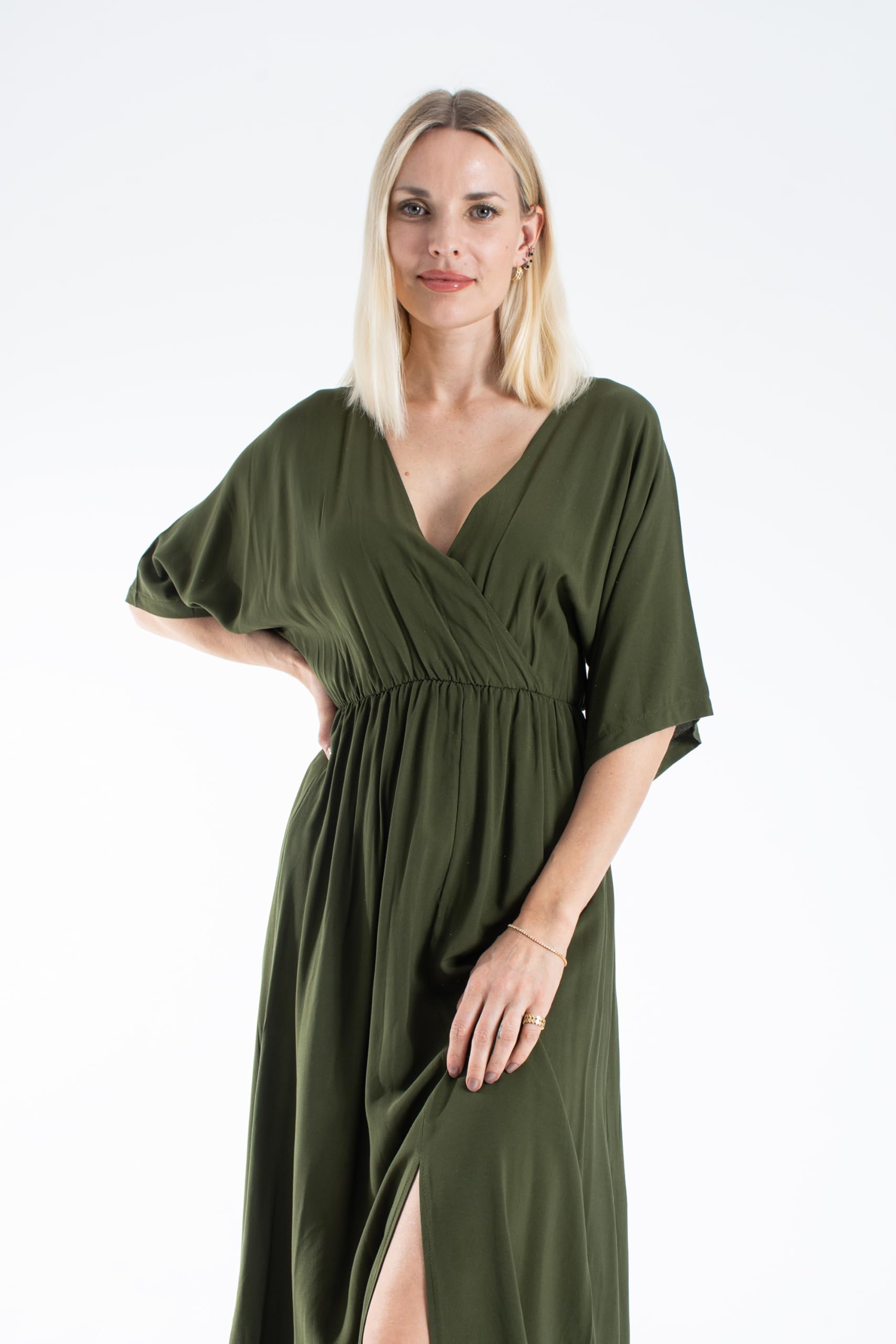 Womens Viscose V Neck Short Sleeve Midi Dress - Khaki
