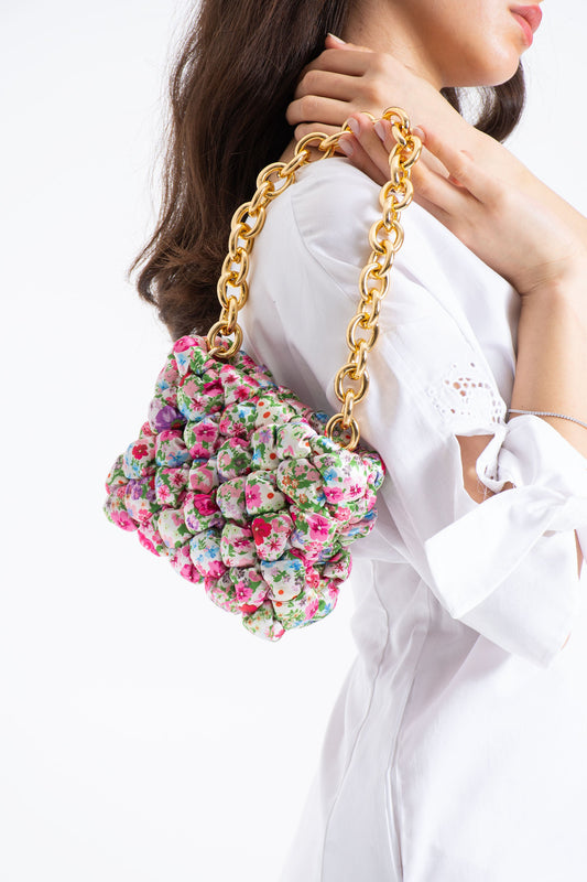 Floral Quilted Shoulder Grab Bag with Gold Chain Strap - Multi