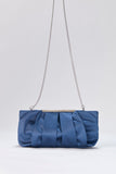 Pleated Satin Clutch Bag with Detachable Strap - Blue