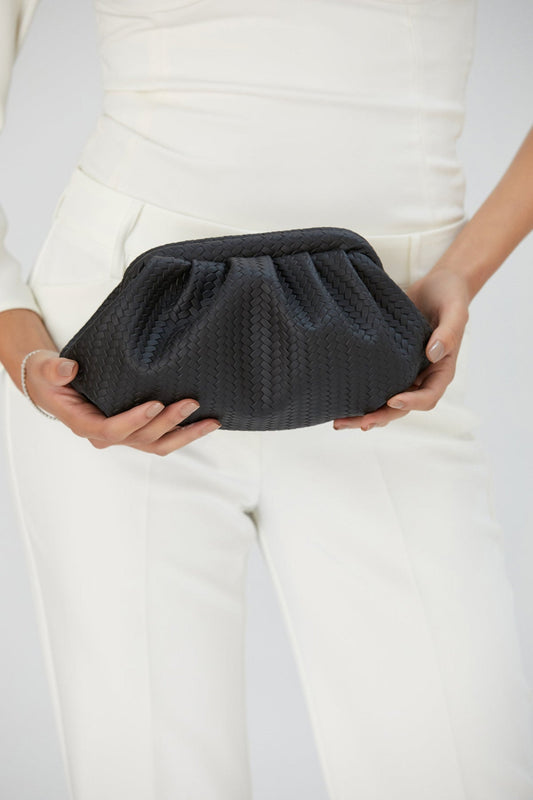 Textured Pu Leather Pouch Bag With Detachable Crossbody Strap - Black