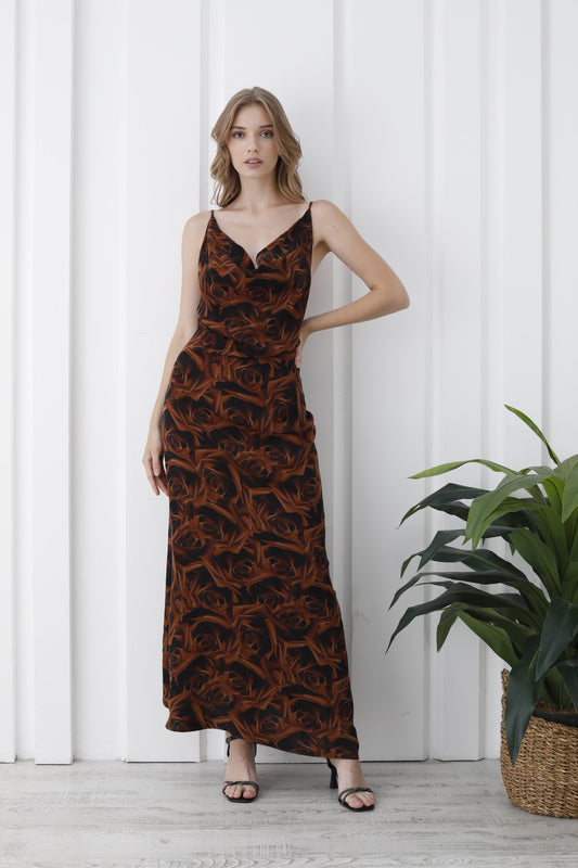 Abstract Rose Print Maxi Dress - Brown
