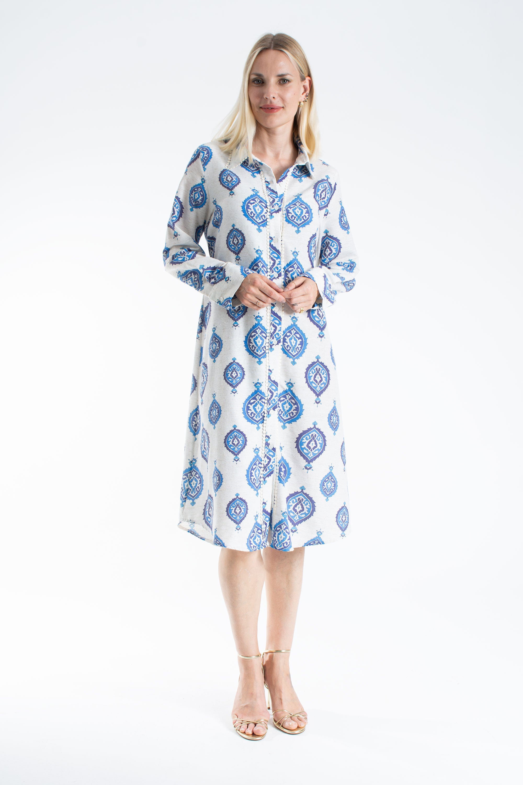 Women’s Linen Blend Ornamental Print Midi Shirt Dress