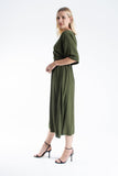 Womens Viscose V Neck Short Sleeve Midi Dress - Khaki