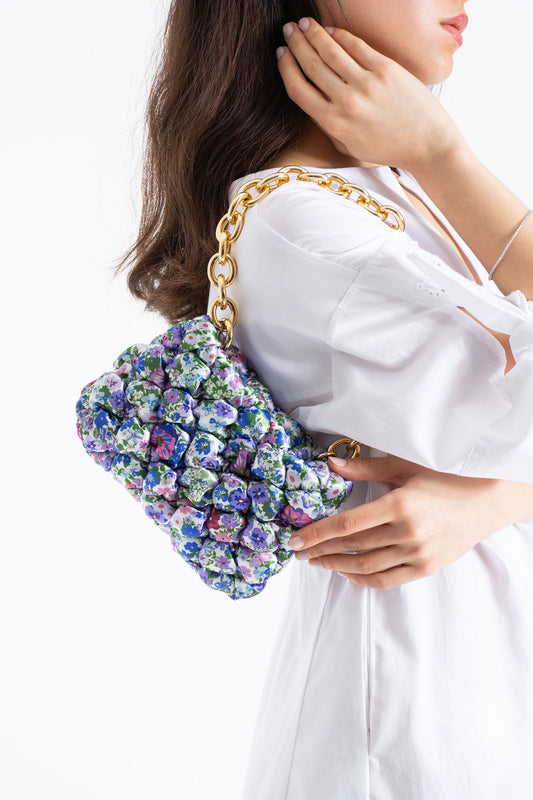 Floral Quilted Shoulder Grab Bag with Gold Chain Strap - Multi