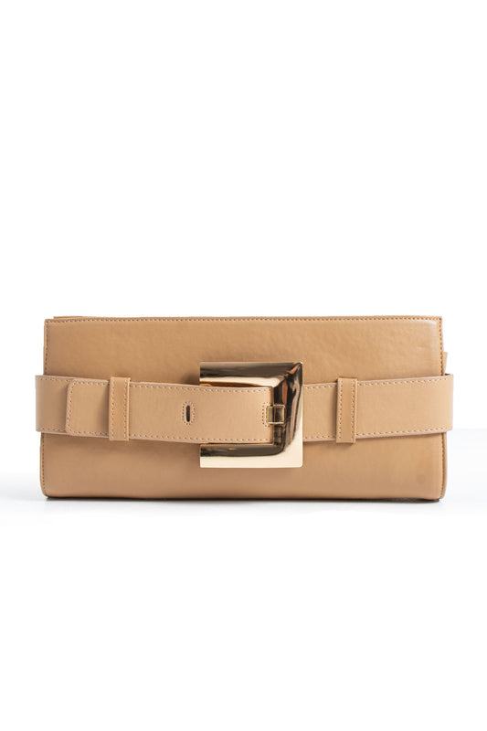 PU Leather Shoulder & Clutch Bag with Large Gold Buckle - Nude