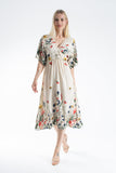 Womens Viscose Floral Print V Neck Short Sleeve Midi Dress