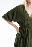 Womens Viscose V Neck Short Sleeve Midi Dress - Khaki