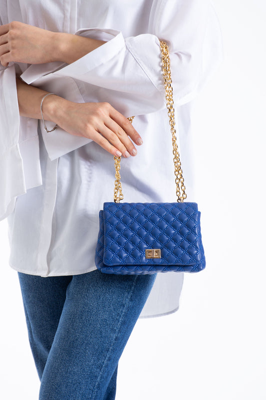 Quilted Plant Based Leather Crossbody & Shoulder Bag - Blue