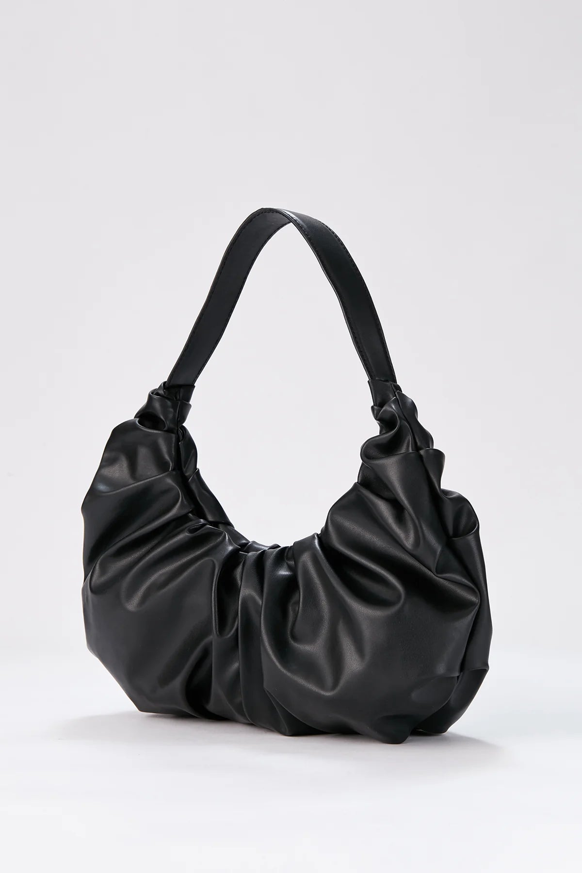 Pu Leather Pleated Shoulder Bag - Black