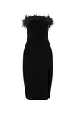 Faux Feather Trim Strapless Midi Dress - Black