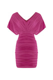 V-Neck Gathered Dress - Fuchsia Pink