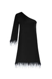 Faux Feather Trim One Shoulder Dress - Black