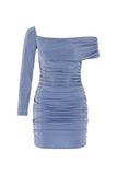 Shimmery One Shoulder Gathered Dress - Baby Blue