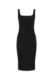 Square Neck Gathered Waist Midi Dress - Black