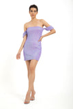 Off Shoulder Diamante Sequin Mini Dress - Lilac