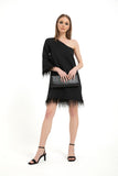 Faux Feather Trim One Shoulder Dress - Black