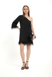 Faux Feather Trim One Shoulder Dress - Black
