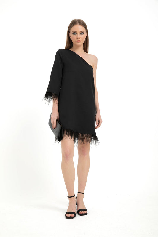 Faux Feather Trim One Shoulder Dress - Black