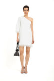Faux Feather Trim One Shoulder Dress - White