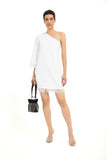 Faux Feather Trim One Shoulder Dress - White