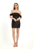 Off Shoulder Diamante Sequin Mini Dress - Black