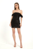 Off Shoulder Diamante Sequin Mini Dress - Black