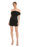 Shimmery Mesh Ruched Mini Dress - Black