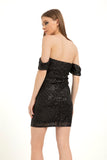 Off Shoulder Diamante Sequin Mini Dress - Black