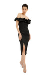 Ruffle Off The Shoulder Midi Dress - Black