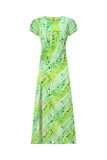 Satin Midi Dress With Side Slit - Green Flower Printed