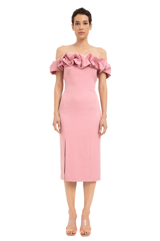Ruffle Off The Shoulder Midi Dress - Powder Pink