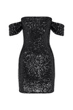 Off Shoulder Diamante Sequin Mini Dress - Black