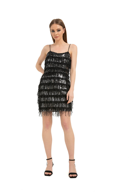 Sequin Tassel Mini Dress - Black