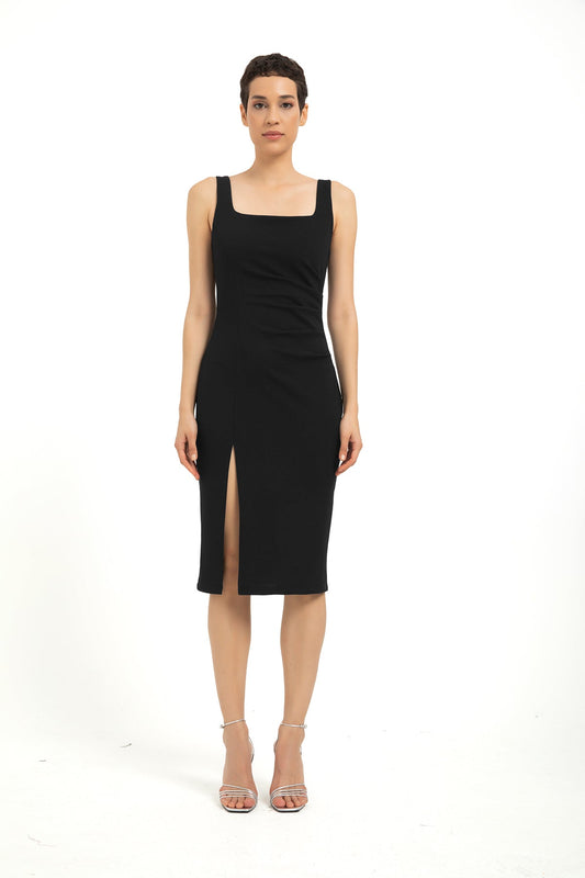 Square Neck Gathered Waist Midi Dress - Black