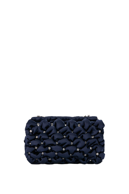Recycled Quilted Satin Clutch Bag - Navy Blue
