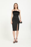 Faux Feather Trim Strapless Midi Dress - Black