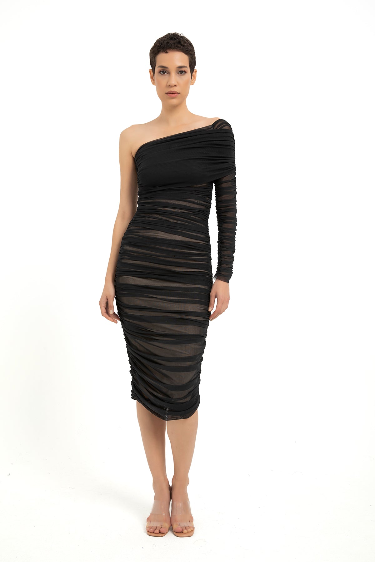 One Shoulder Mesh Ruched Midi Dress - Black WHOLEDROBE One Shoulder Mesh Ruched Midi Dress - Black WHOLEDROBE