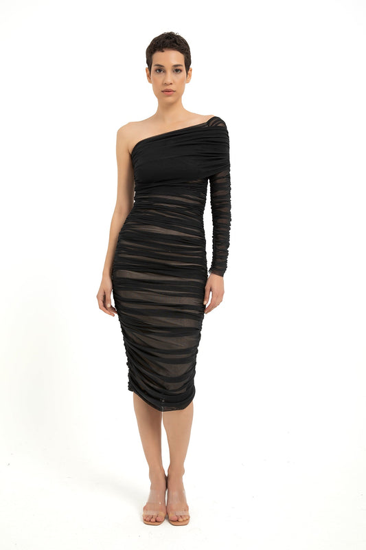 One Shoulder Mesh Ruched Midi Dress - Black