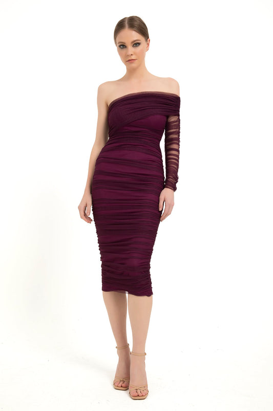 One Shoulder Mesh Ruched Midi Dress - Plum
