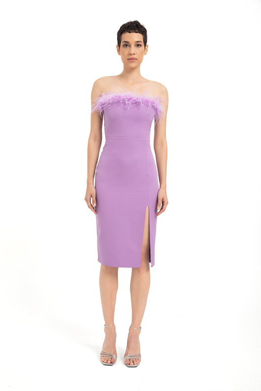 Faux Feather Trim Strapless Midi Dress - Lilac